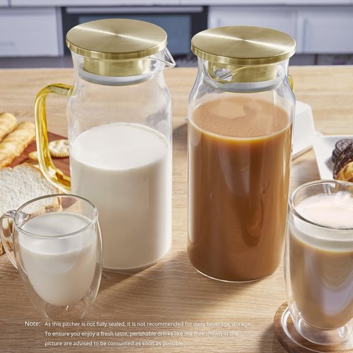 Bivvclaz 2 Pack 2 Liter 68 oz 2.1 Qt Gold Glass Pitcher with Lid and Handle, Water Pitcher for Fridge, Glass Carafe for Hot/Cold Water, Large Iced Tea Pitcher for Coffee, Juice and Homemade Beverage