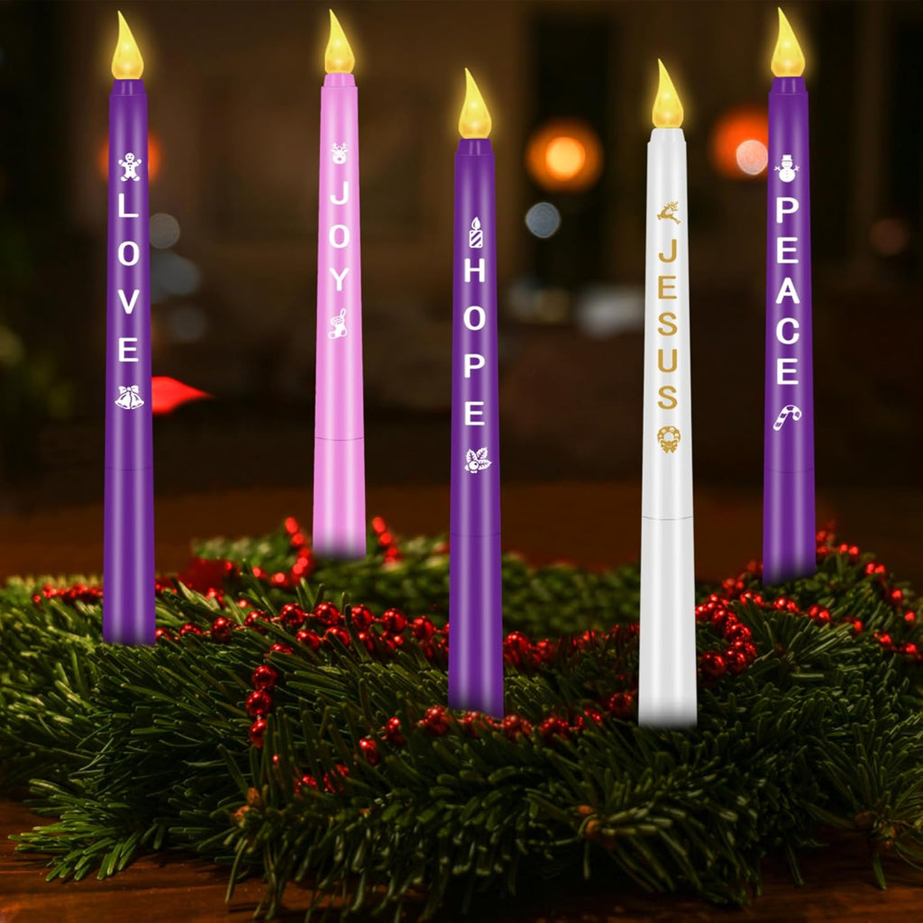 RGQSUN Flameless Advent Candles Set of 5 | Battery Operated Flickering Taper Candles for Christmas Decor