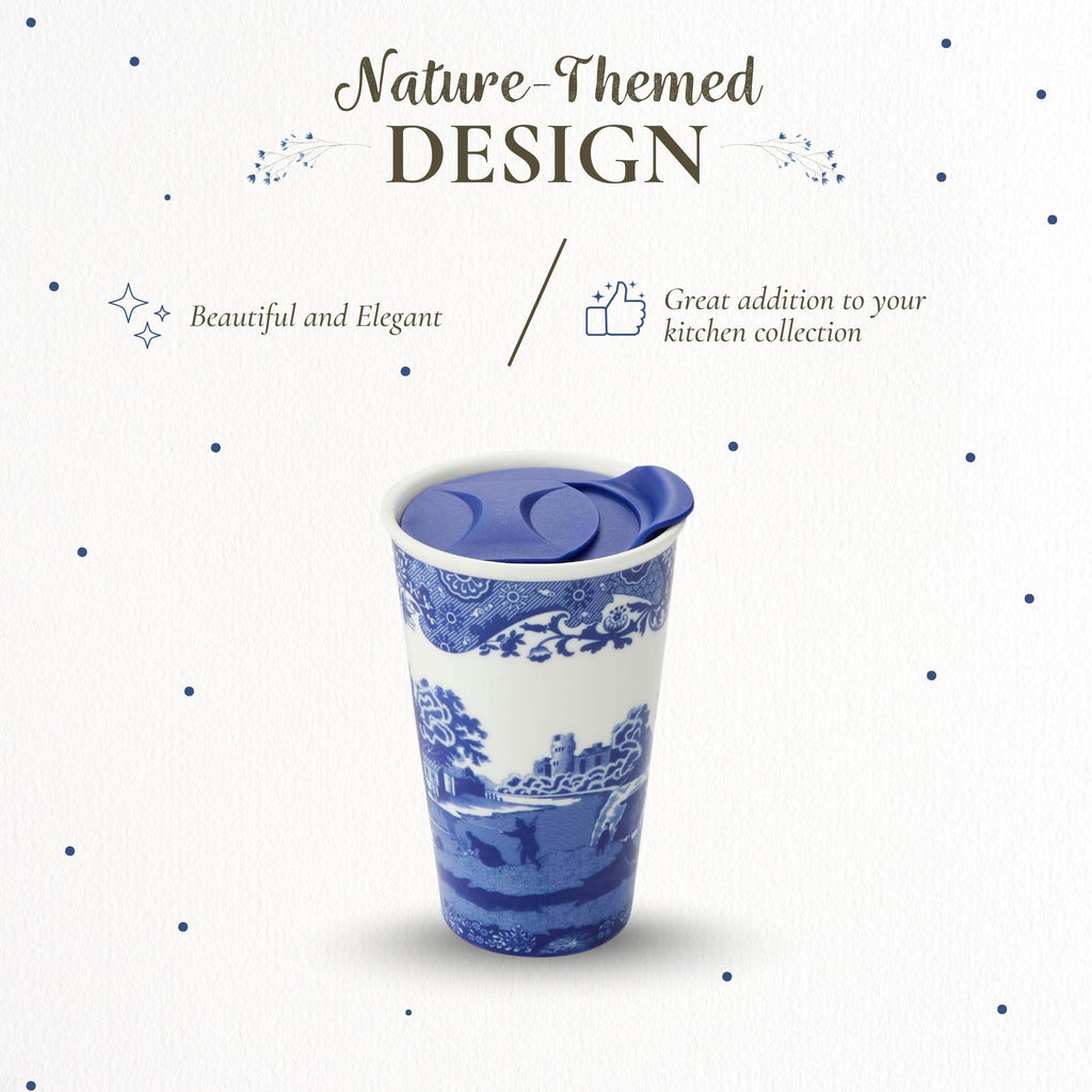 Spode Blue Italian 8oz Porcelain Travel Mug with Lid – Scenic Patterned Drinkware with Decorative Border - Portable Ceramic Coffee Cup for Brunch, Tea, On-the-Go Hot Beverage Moments