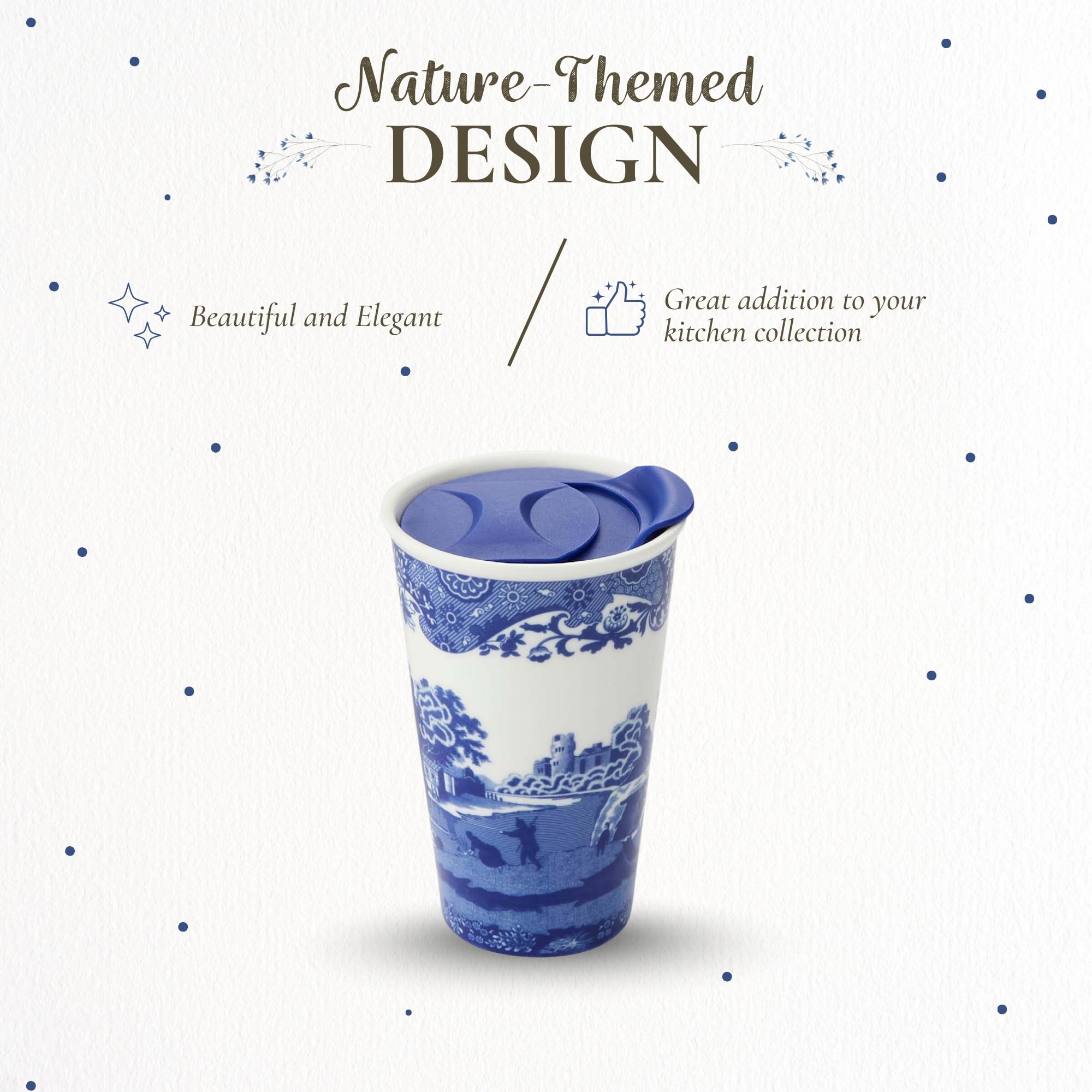 Spode Blue Italian 8oz Porcelain Travel Mug with Lid – Scenic Patterned Drinkware with Decorative Border - Portable Ceramic Coffee Cup for Brunch, Tea, On-the-Go Hot Beverage Moments