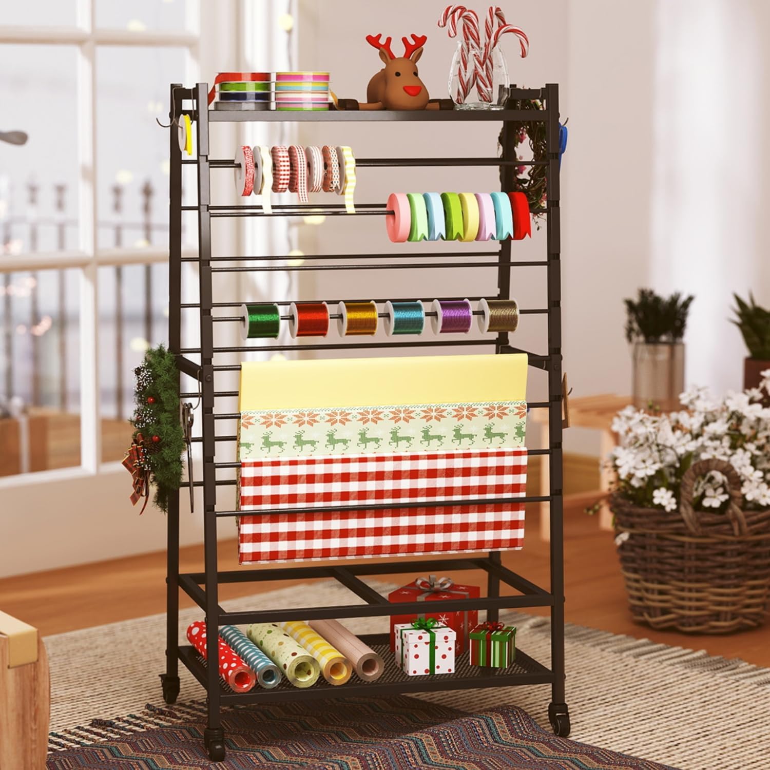 Skiennix Ribbon Organizer - Double-Sided Rolling Rack for Large Capacity Gift Wrap Storage