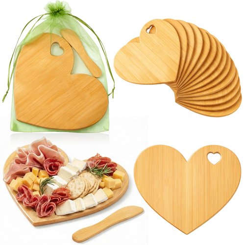 Nuenen 20 Pcs Mini Wooden Charcuterie Board Bulk, Small Wood Cutting Board for Crafts Laser Engraving with Knives Organza Bags Wedding Baby Shower Favors Gift (Heart,Bamboo Color)