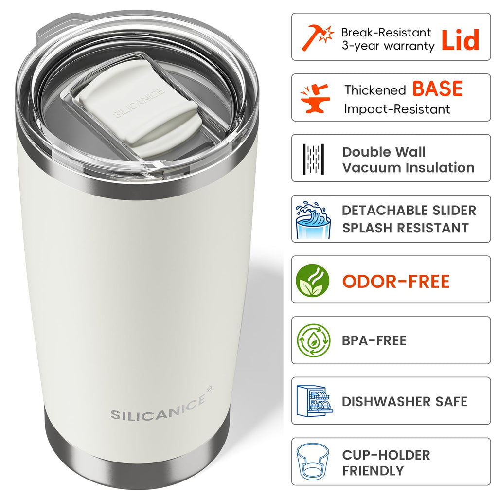20oz Hygienic Stainless Steel Vacuum Insulated Tumbler w/ Easy-On/Easy-Off Lid - Removable slider, Double Wall 18/8 Travel Mug, BPA-Free, Fits Cup Holders, Premium Quality, Smart Value - Cream