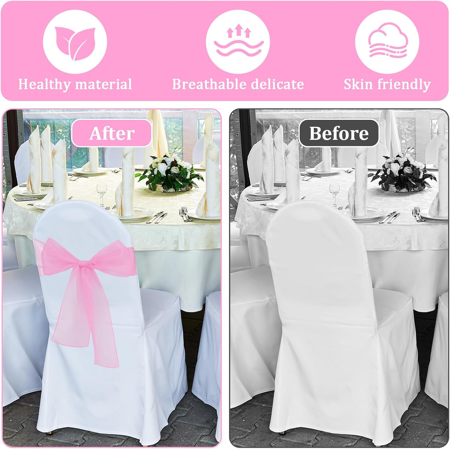 Skiennix Pink Chair Sashes - Elegant Organza Chair Bows for Weddings & Parties | 10PCS Set