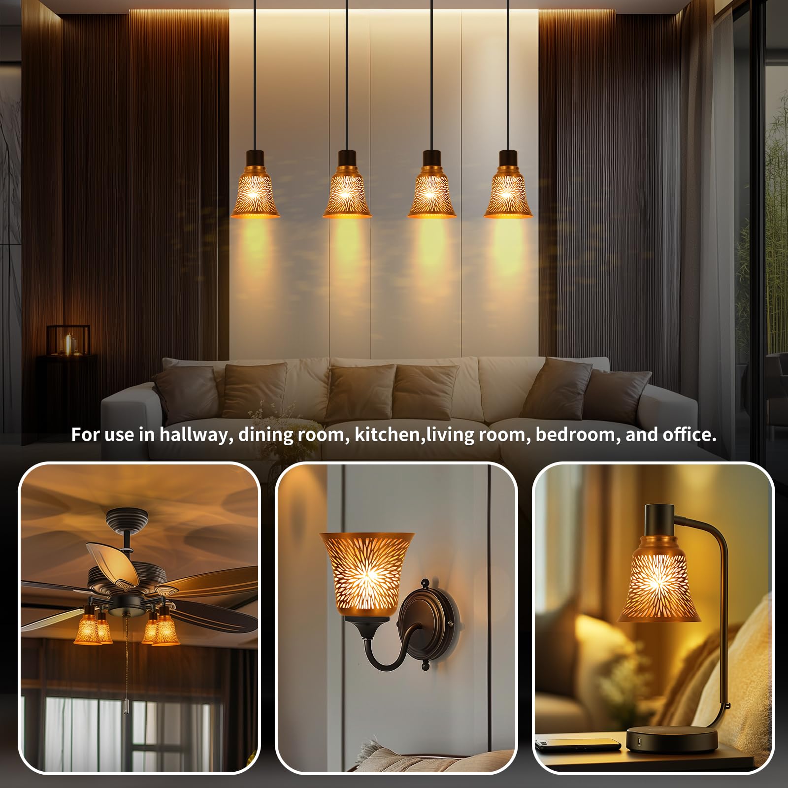 Ceiling Fan Replacement Globes, 4 Pack Chrysanthemum Pattern Fixture Replacement Globes Shades with 1-5/8" Fitter, ALUCSET 4.5" Height 4-3/4" Diameter, Metal Cover for Pendant Lamp-Yellow Brass&Gold