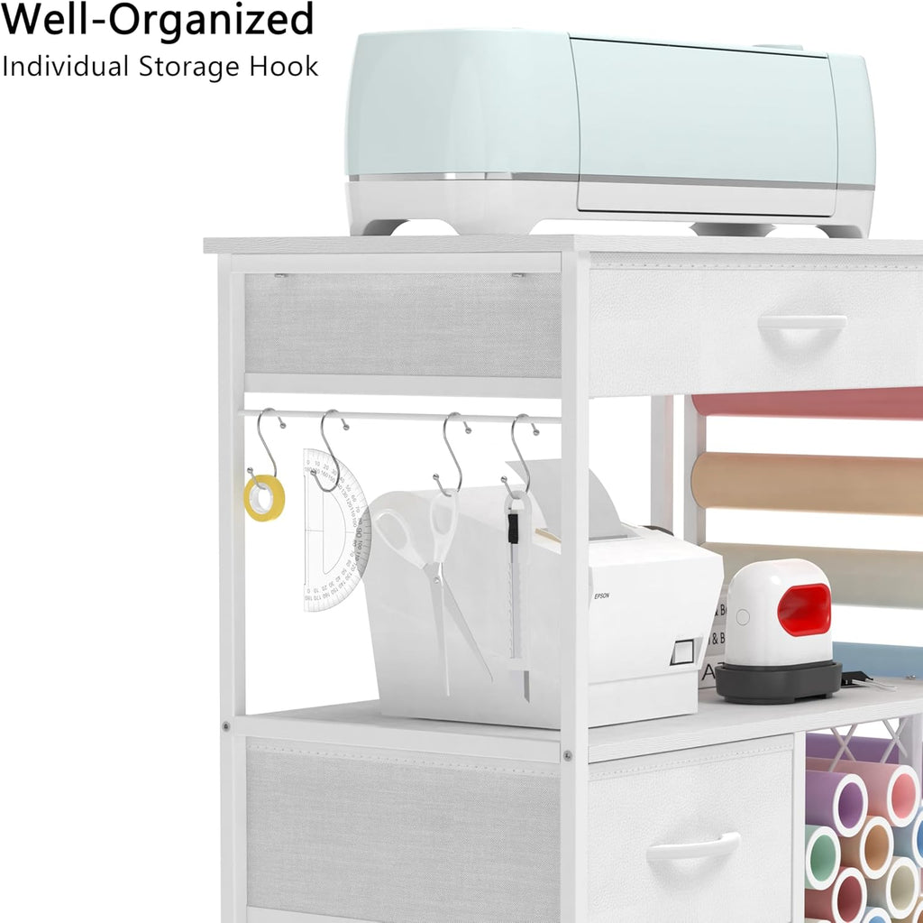 VENNQD Storage Cart - Cricut Machine Stand with Drawers & Vinyl Roll Holder | White Craft Cabinet