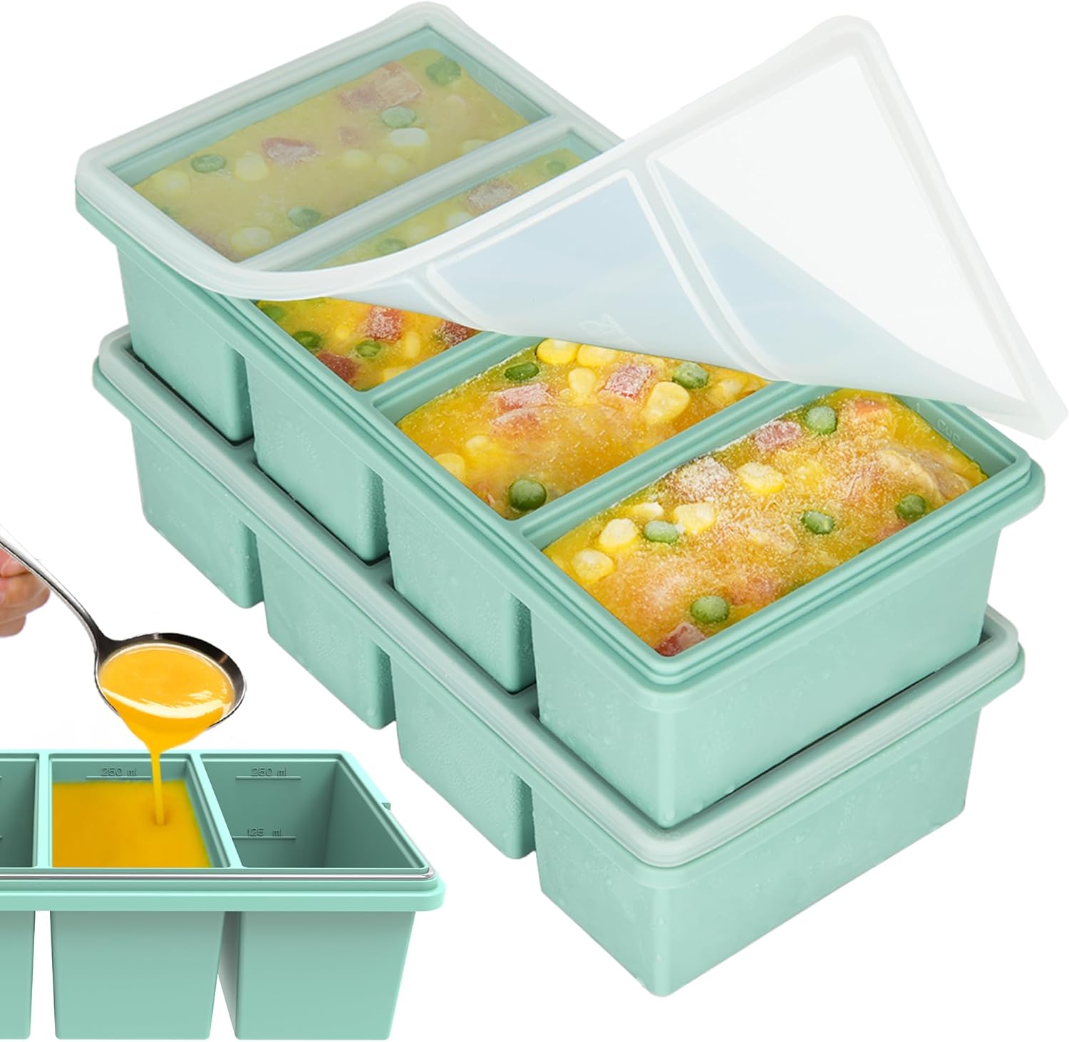 Skiennix Silicone Freezer Trays - Leakproof 1-Cup Ice Cube Containers, BPA-Free, 2-Pack for Meal Prep