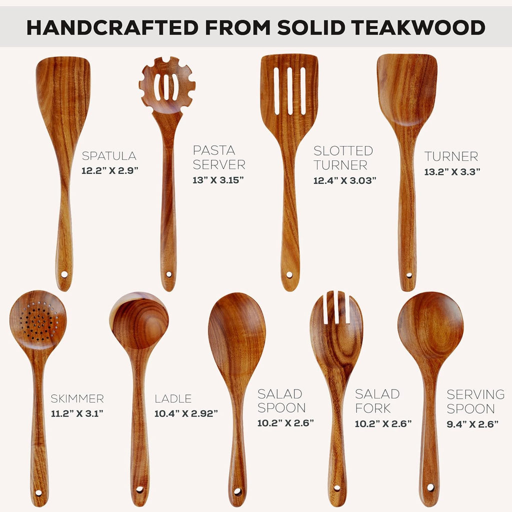 Zulay Kitchen 9-Piece Teak Wood Cooking Utensil Set - Non-Toxic, Non-Stick Tools with Comfortable Grip & Smooth Finish