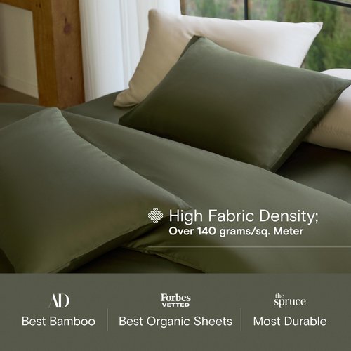 DOZ Sheet Set, 100% Viscose derived from Bamboo, Organically Grown, Buttery Soft, Cooling Sheets, High GSM, Deep Pockets - 3 Piece - 2 Pillowcases 1 Fitted Sheet (Olive, Queen)