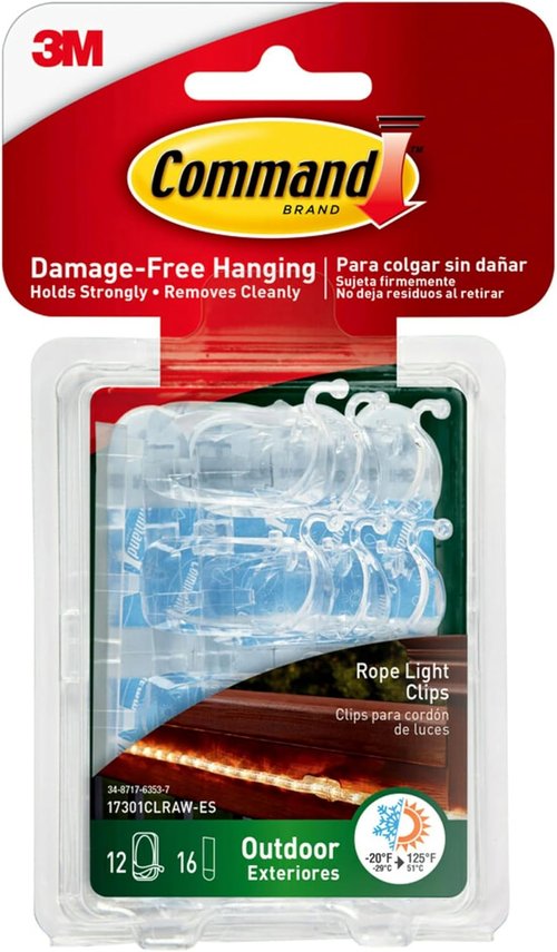 Command Outdoor Rope Light Clips - 12 Hooks & 16 Damage-Free Strips for Holiday Decor | Weather-Resistant Wall Clips