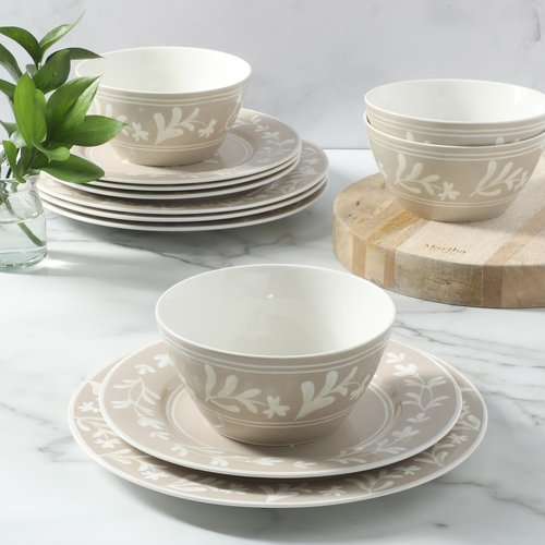 Martha Stewart Maiden Crown 12-Piece Taupe Dinnerware Set – New Bone China Ceramic Plates & Bowls – Floral Design – Service for 4 – Dishwasher & Microwave Safe
