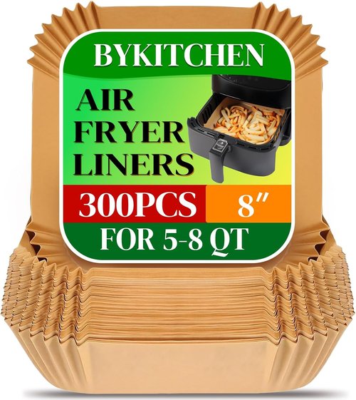 BYKITCHEN 300PCS Disposable Air Fryer Paper Liners - 8in Square Parchment for Ninja & Cosori Air Fryers