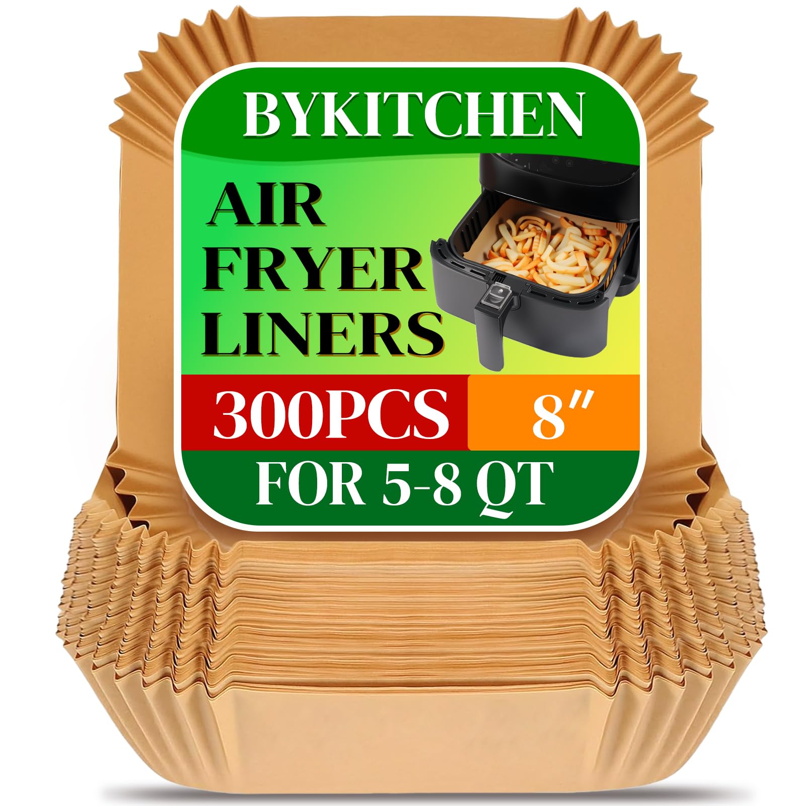 BYKITCHEN 300PCS Disposable Air Fryer Paper Liners for Ninja AF141 5 QT Pro AF181 6.5QT, Cosori Chefman 6 QT &Other 5 to 8Qt Airfryer, 8in Square Air Fryer Parchment Paper, Airfryer Basket Accessories