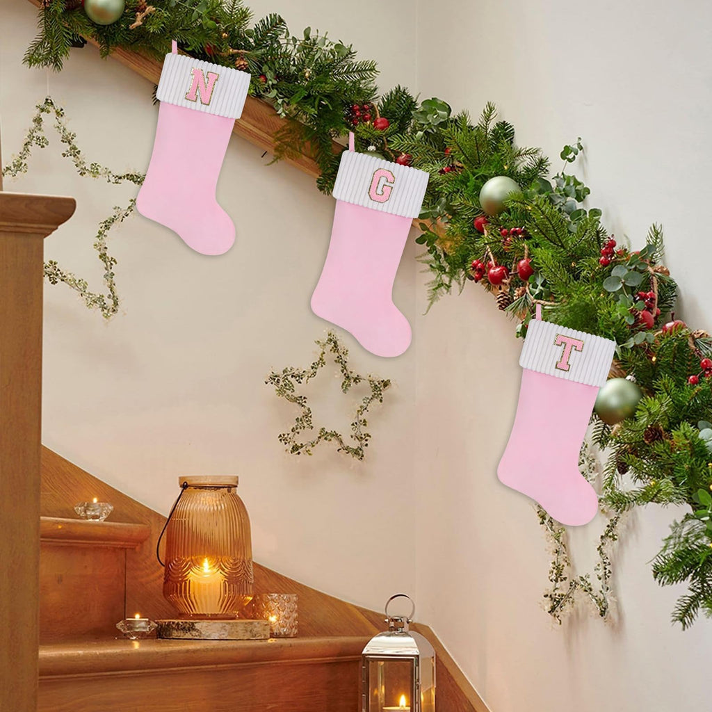 Shgngle 20 Inches Letter Embroidered Christmas Stocking,Personalized Pink Velvet Christmas Stocking,Family Holiday Decorations and Xmas Gift(M)