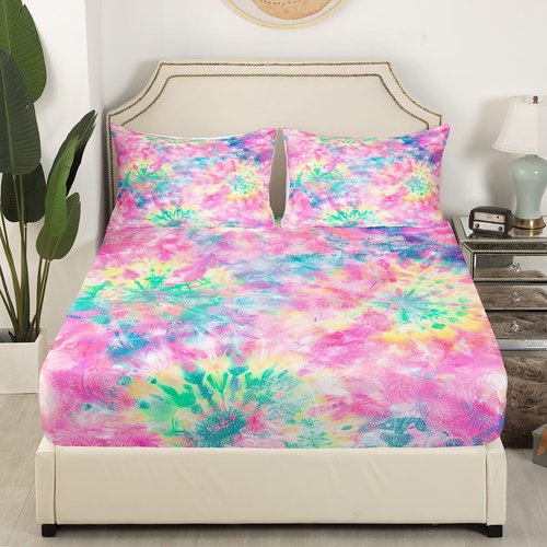 Erosebridal Kids Tie Dye Pink Bed Sheets Girls Bohemian Batik Sheet Set 3 Pcs Twin Size, Boho Psychedelic Sheets Set + Deep Pocket Fitted Sheets+ Girly Flat Sheet + Exotic Bedroom Decor 1 Pillow Sham