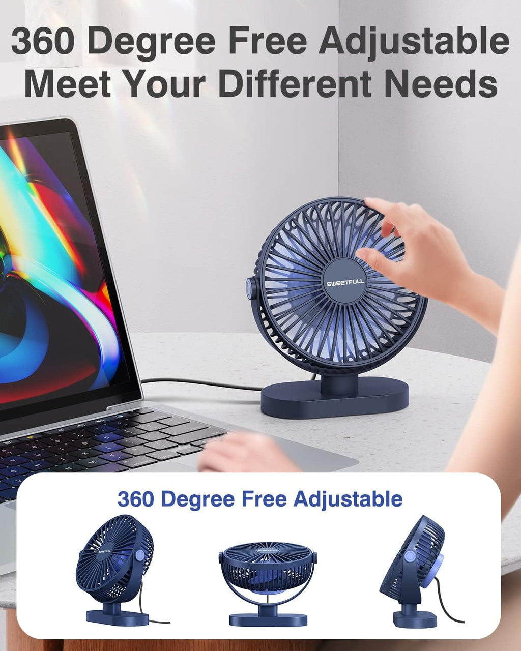 Sweetfull Small USB Desk Fan - 3-Speed Portable Mini Fan with 360° Adjustment | Quiet Operation, Blue