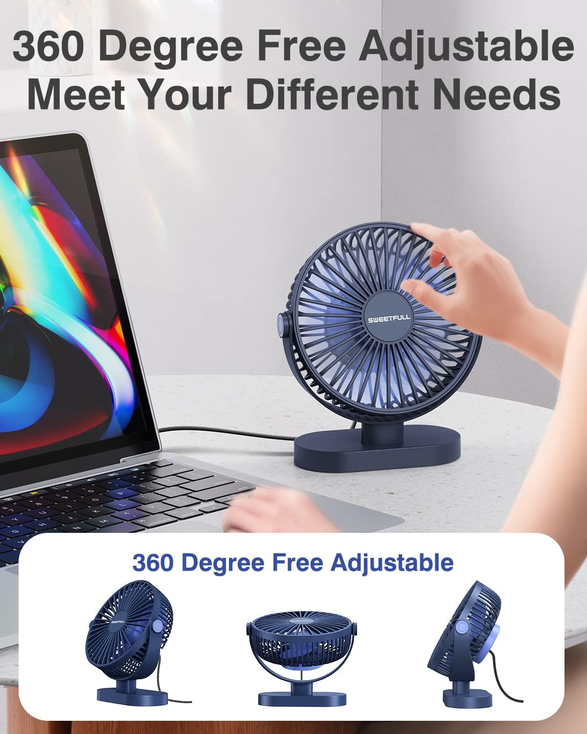 Sweetfull Small USB Desk Fan - 3-Speed Portable Mini Fan with 360° Adjustment | Quiet Operation, Blue