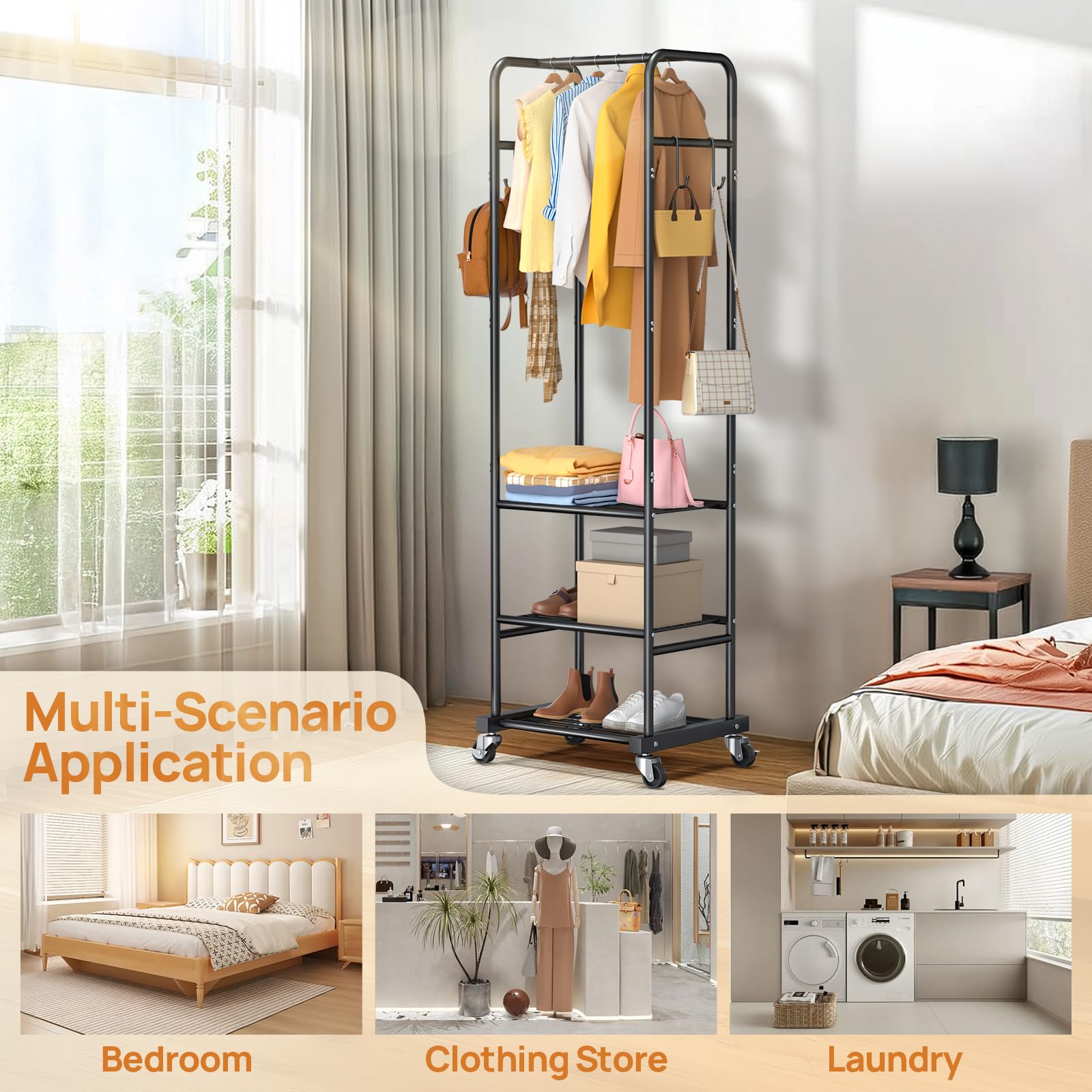 ZHKINGGS Clothes Rack with Wheels, Freestanding Garment Rack with 3 Metal Shelves for Hanging Clothes, Portable Hanging Rod for Small Room, Bedroom, Bathroom (Black)
