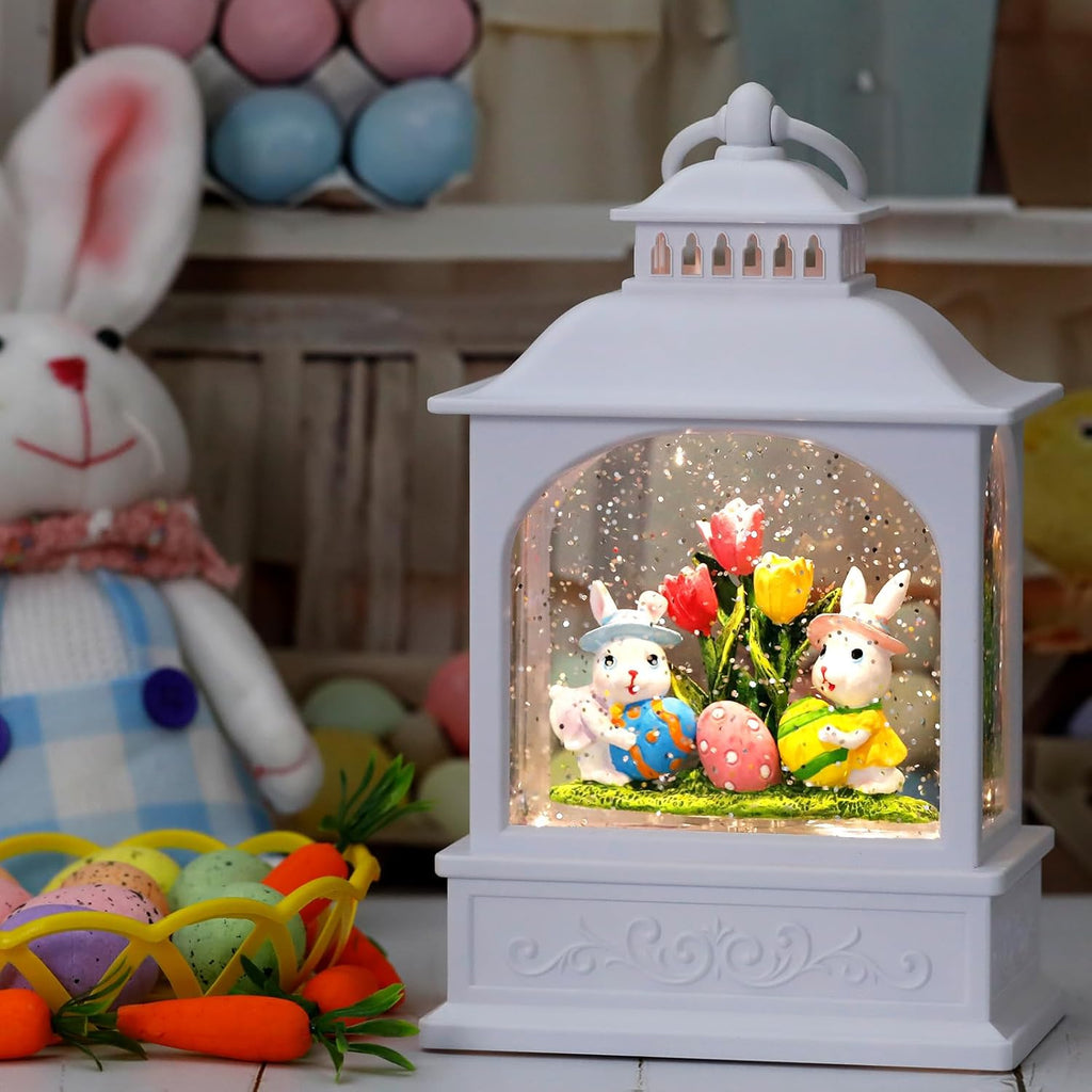 Skiennix Easter Bunny Snow Globe - Glitter Lantern with 6-Hour Timer for Spring Decor