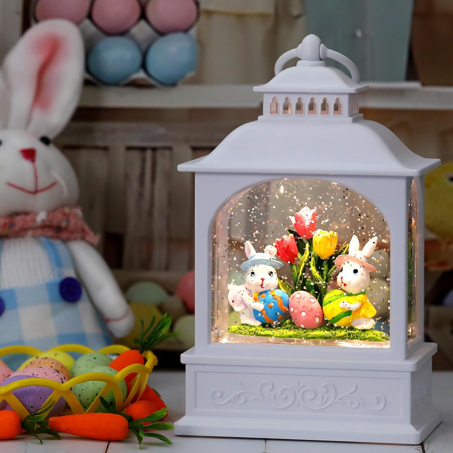 Skiennix Easter Bunny Snow Globe - Glitter Lantern with 6-Hour Timer for Spring Decor