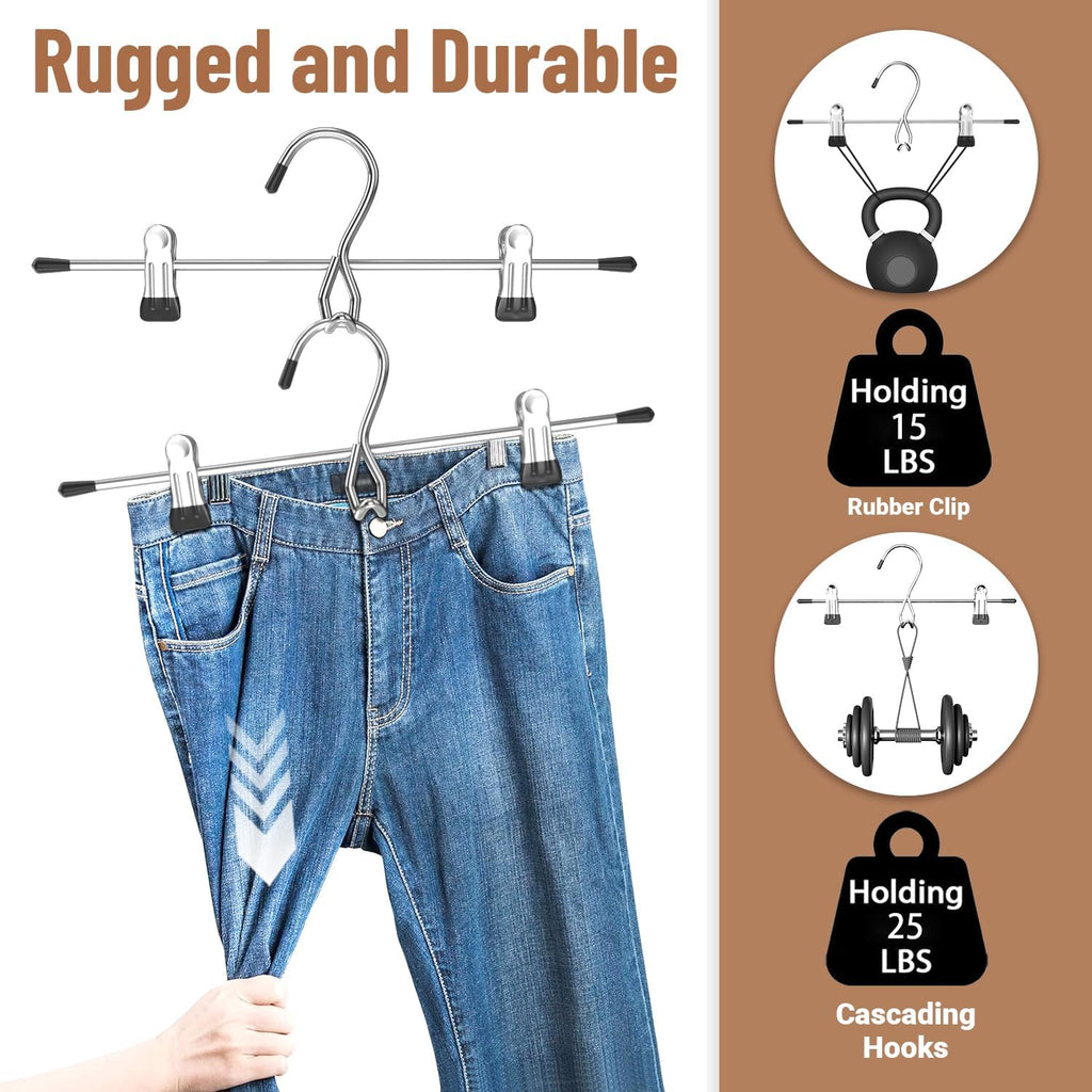 Skiennix Space-Saving Pants Hangers - Stackable Skirt Hangers with Clips | 8-Pack Closet Organizer