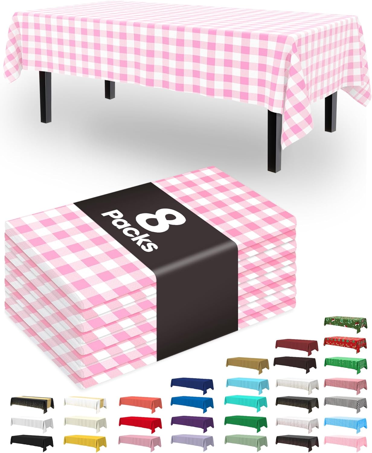 Pureegg Disposable Plastic Tablecloths - 54 x 108 Inch, Pink Gingham Design, Sturdy & Leakproof, 8 Pack