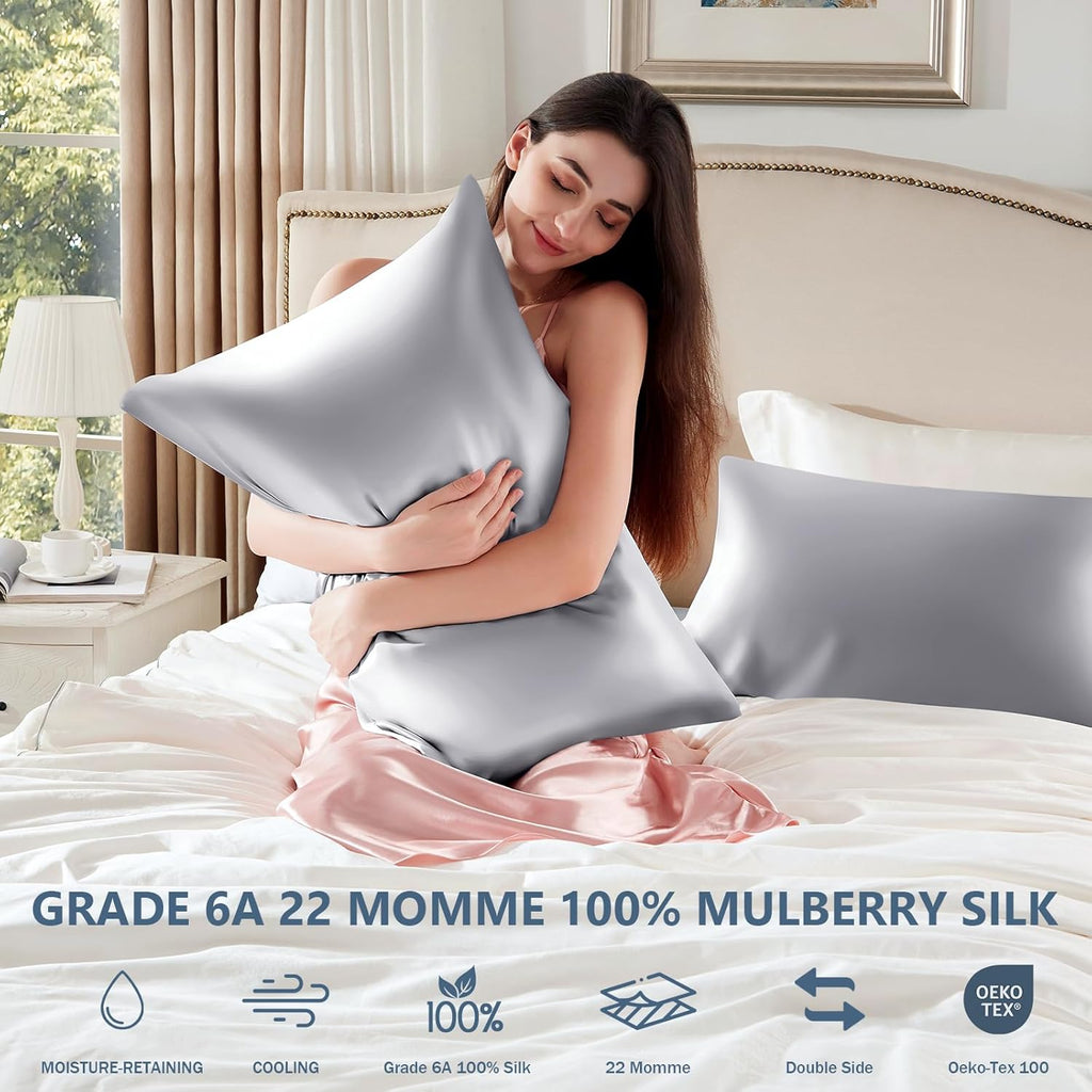 Skiennix Mulberry Silk Pillowcase Set - 2 Pack Queen Size 30x20 Inches | Soft, Breathable, Cooling, Grey