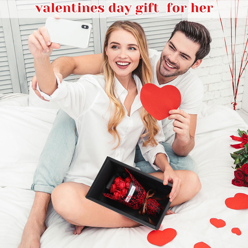 Reallnaive 9 Pcs Valentine's Day Gifts for Her, Anniversary Birthday Gifts for Wife, Gift for Women Set Includes Tumbler Artificial Flower Bouquet Keychain Necklace Bracelet Tote Bag Sock Card(Red)