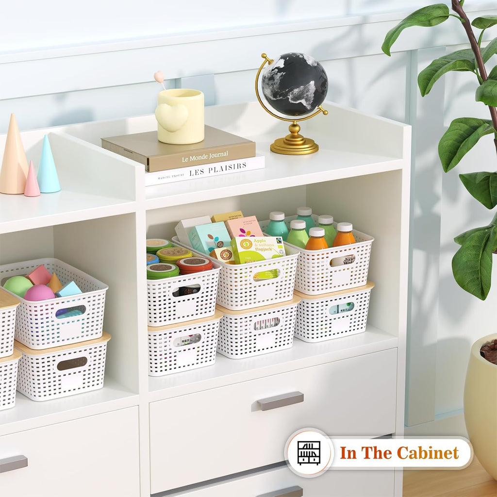Ohmlove Plastic Storage Baskets - Stackable Containers with Bamboo Lid for Organizing | 6-Pack Set