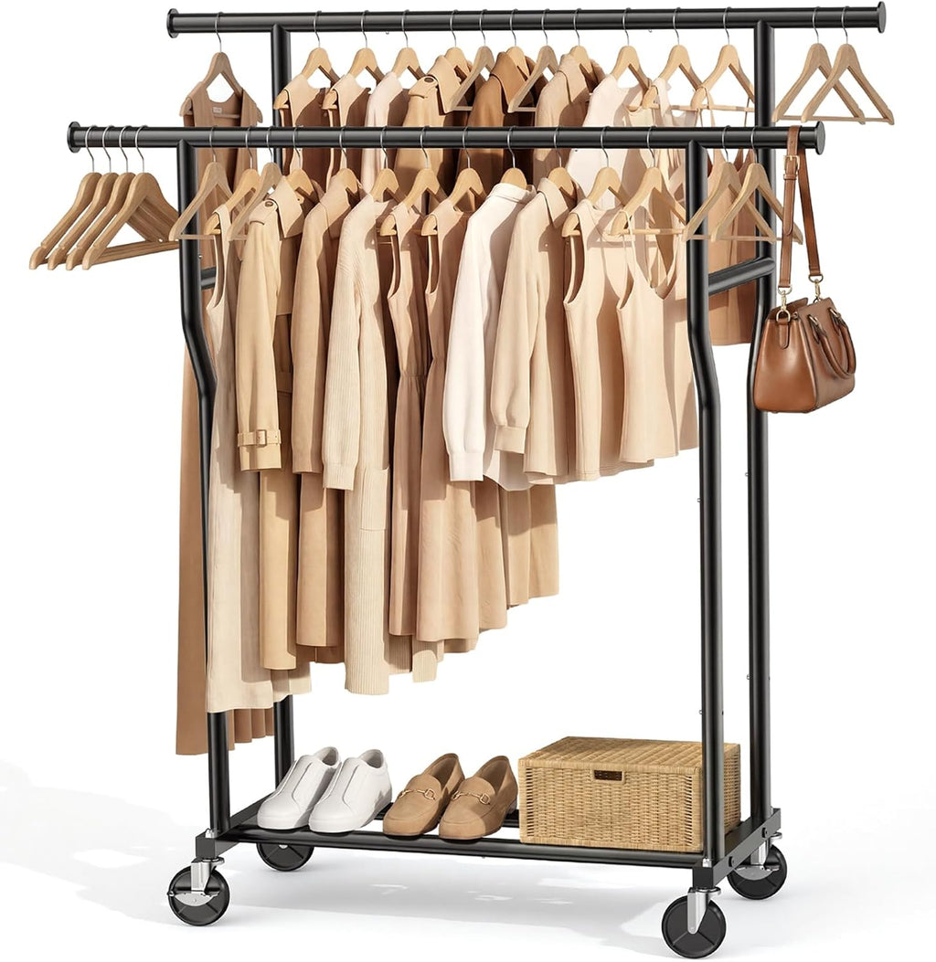 Skiennix Double Rod Rolling Clothes Rack - Heavy-Duty Metal Garment Rack with Wheels, Black