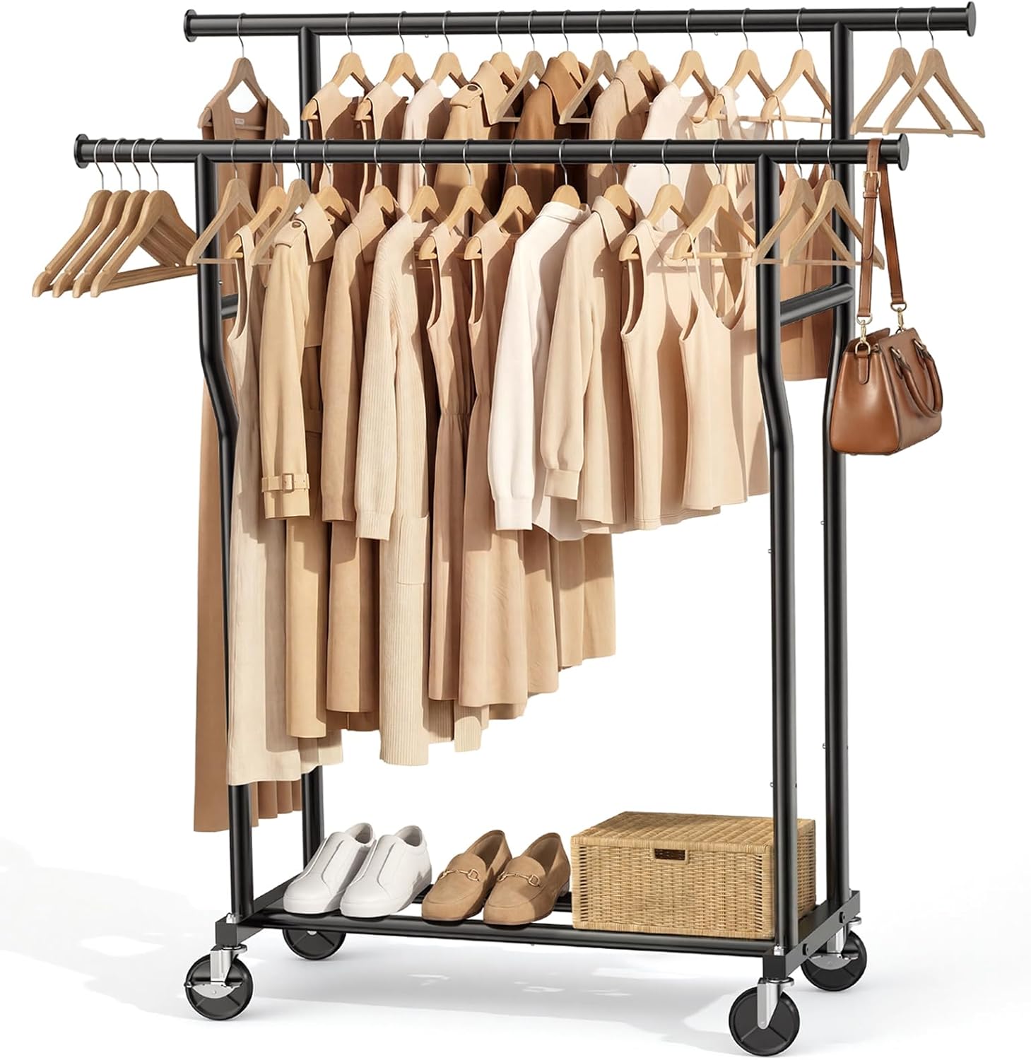 Skiennix Double Rod Rolling Clothes Rack - Heavy-Duty Metal Garment Rack with Wheels, Black