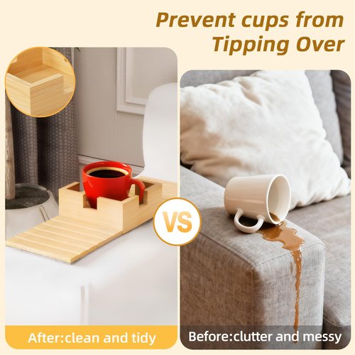 Bamboo Couch Cup Holder & Armrest Tray - Extend Your Comfort with a Secure Drink Slot and Snack Space for Recliner, Loveseat, or Sofa