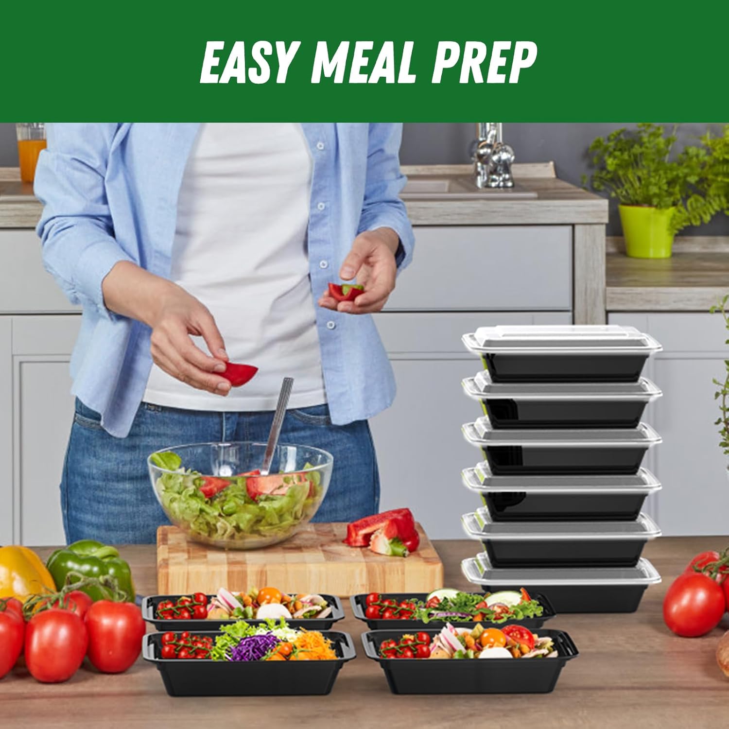 Regine Switzerland 32 oz Meal Prep Containers - 50 Pack Reusable, Leakproof, Microwave & Dishwasher Safe | Black