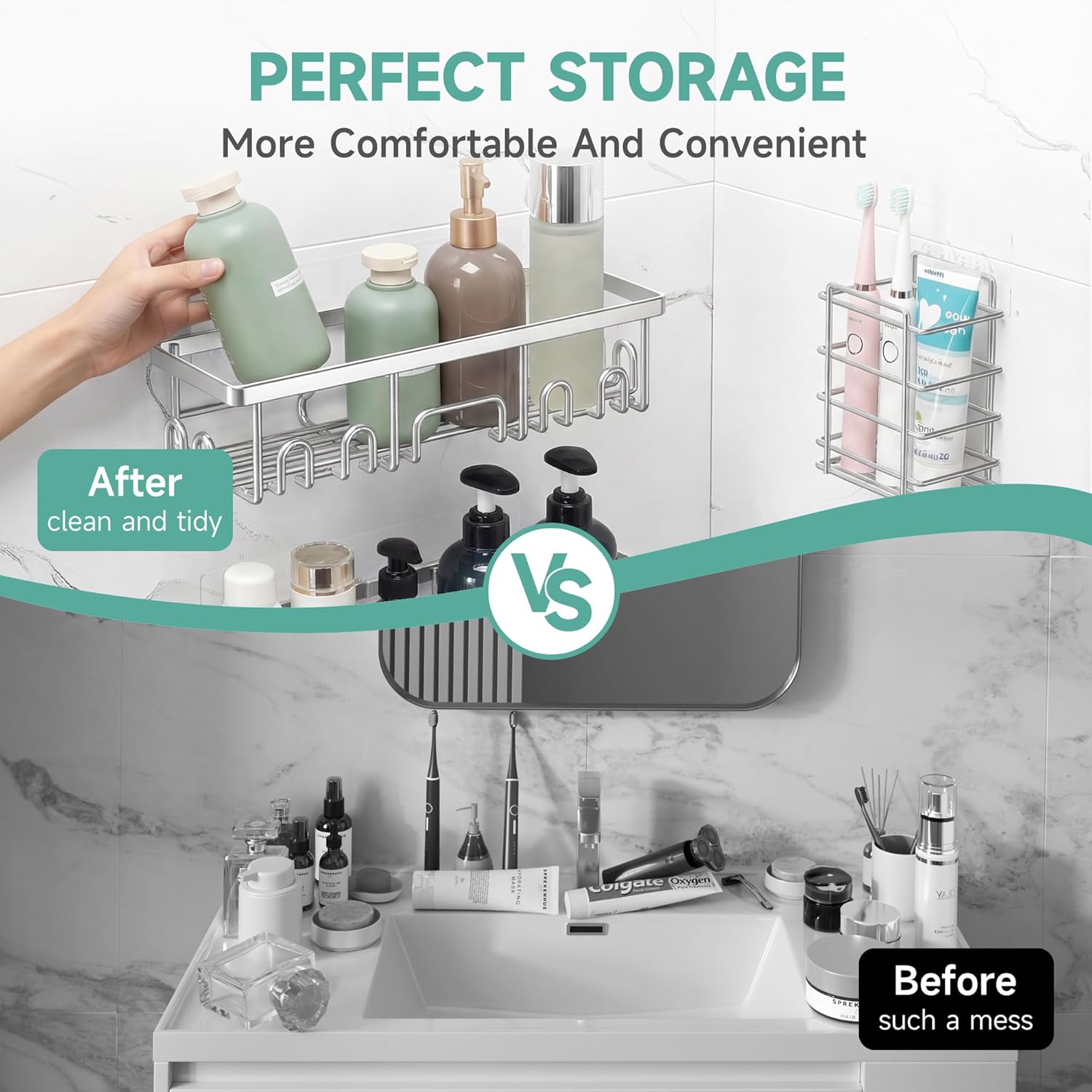 Veken Shower Caddy - Large Wall-Mounted Organizer with Soap Dish & Toothbrush Holder | 6-Pack Set