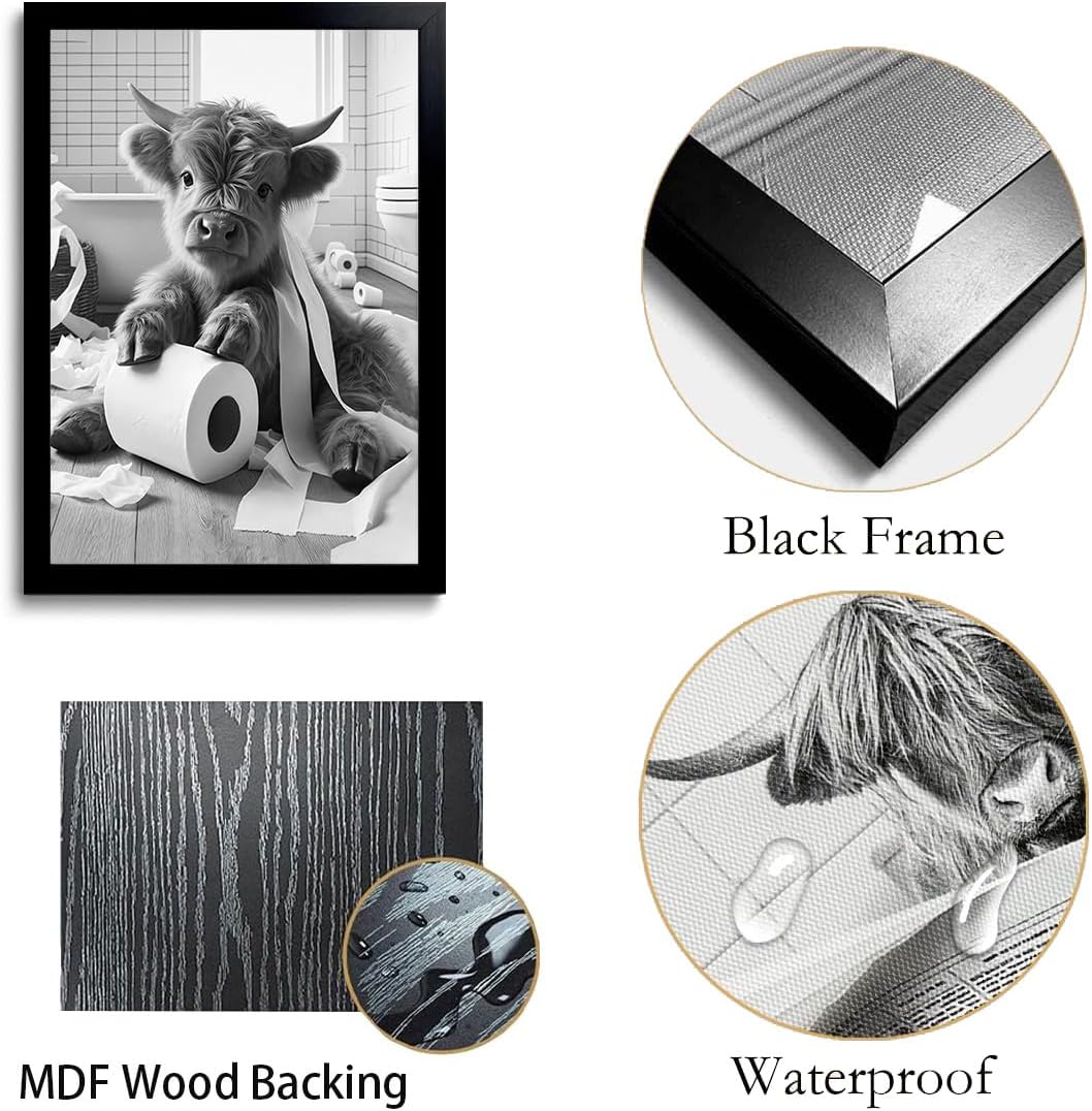 OIQArt Funny Bathroom Wall Art - Black & White Highland Cow Canvas Print | Modern Minimalist Decor