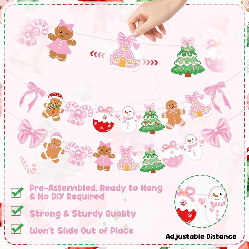 Pink Gingerbread Christmas Banner Set - 3 Piece Wall Garland with Bows
