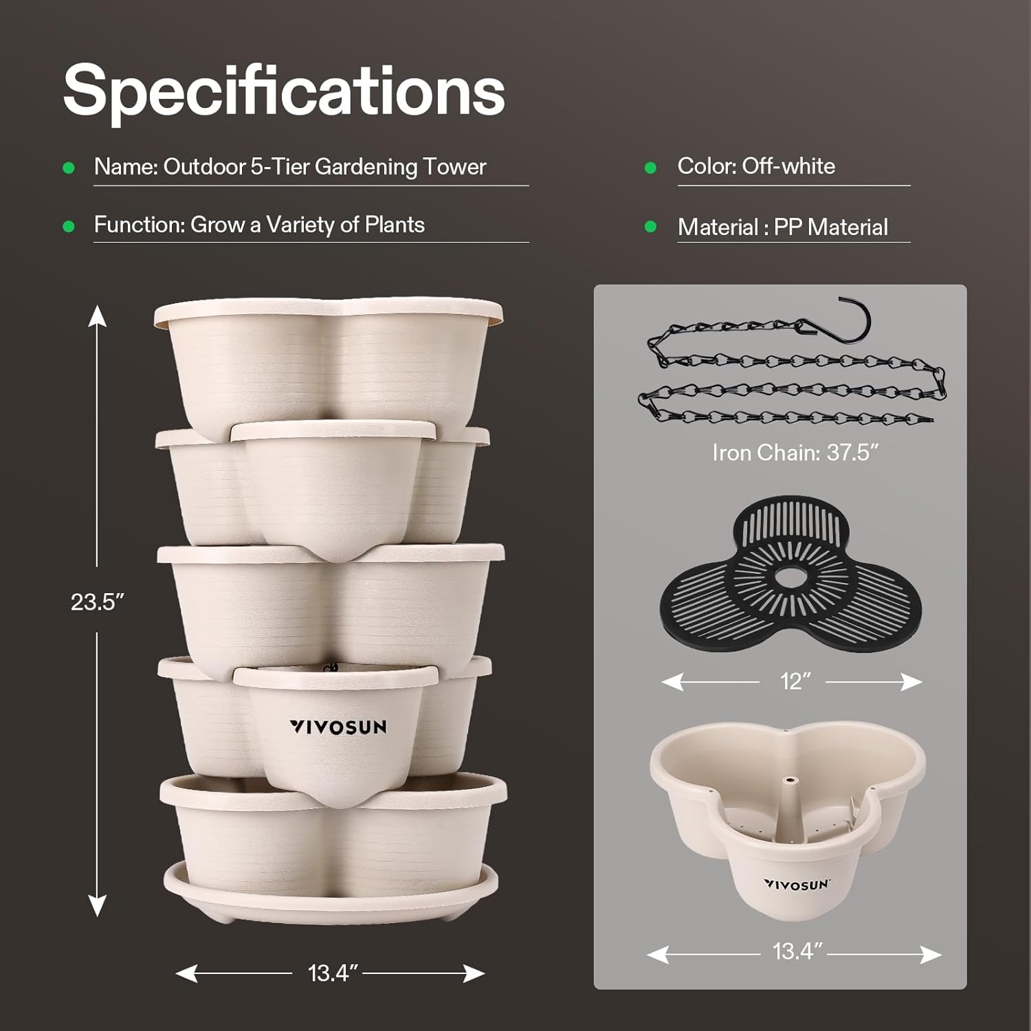 VIVOSUN 5-Tier Vertical Gardening Planter - Stackable for Strawberries, Flowers, Herbs & Vegetables | Ivory