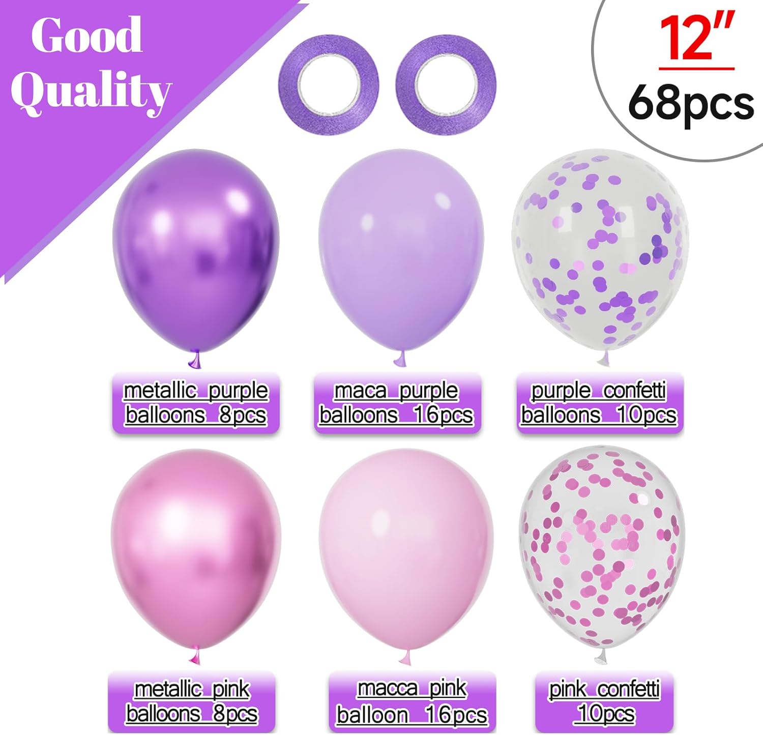 Skiennix 68Pcs Pink & Purple Balloons - 12 Inch Metallic Latex & Confetti for Birthday & Wedding Decor
