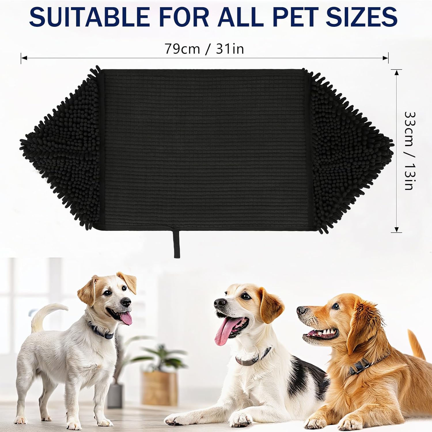 OLANLY Chenille Dog Bath Towel - Ultra Absorbent Quick Dry Plush Towel for Large Dogs & Puppies | 31x13, Black
