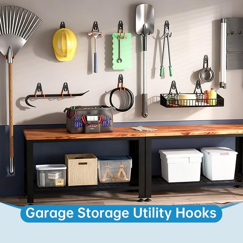 GeeWatom Garage Storage Utility Hooks - Durable Steel Wall Mount Organizers for Garden Tools | 2 Pack (Black)