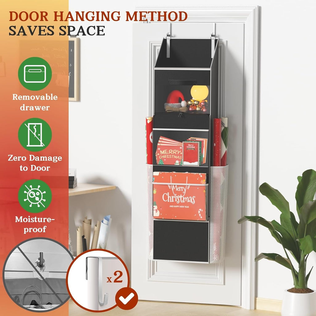 Ofiray Home 2-in-1 Wrapping Paper Organizer - Over Door or Under Bed Storage with Removable Drawer & 4 Clear Pockets for Ribbons and Bows