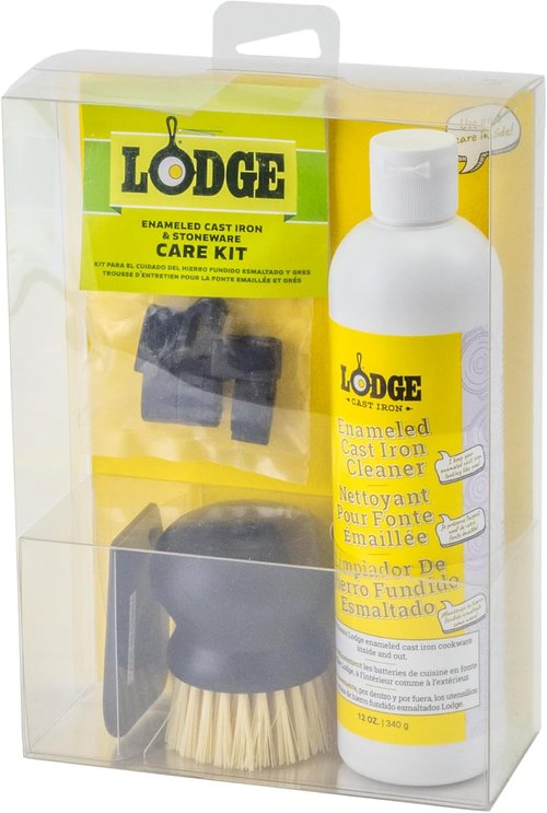 Lodge Enameled Cast Iron Cleaner Kit - 11oz Cleaner, Scraper, Brush & Pot Protectors | 5-Piece Set