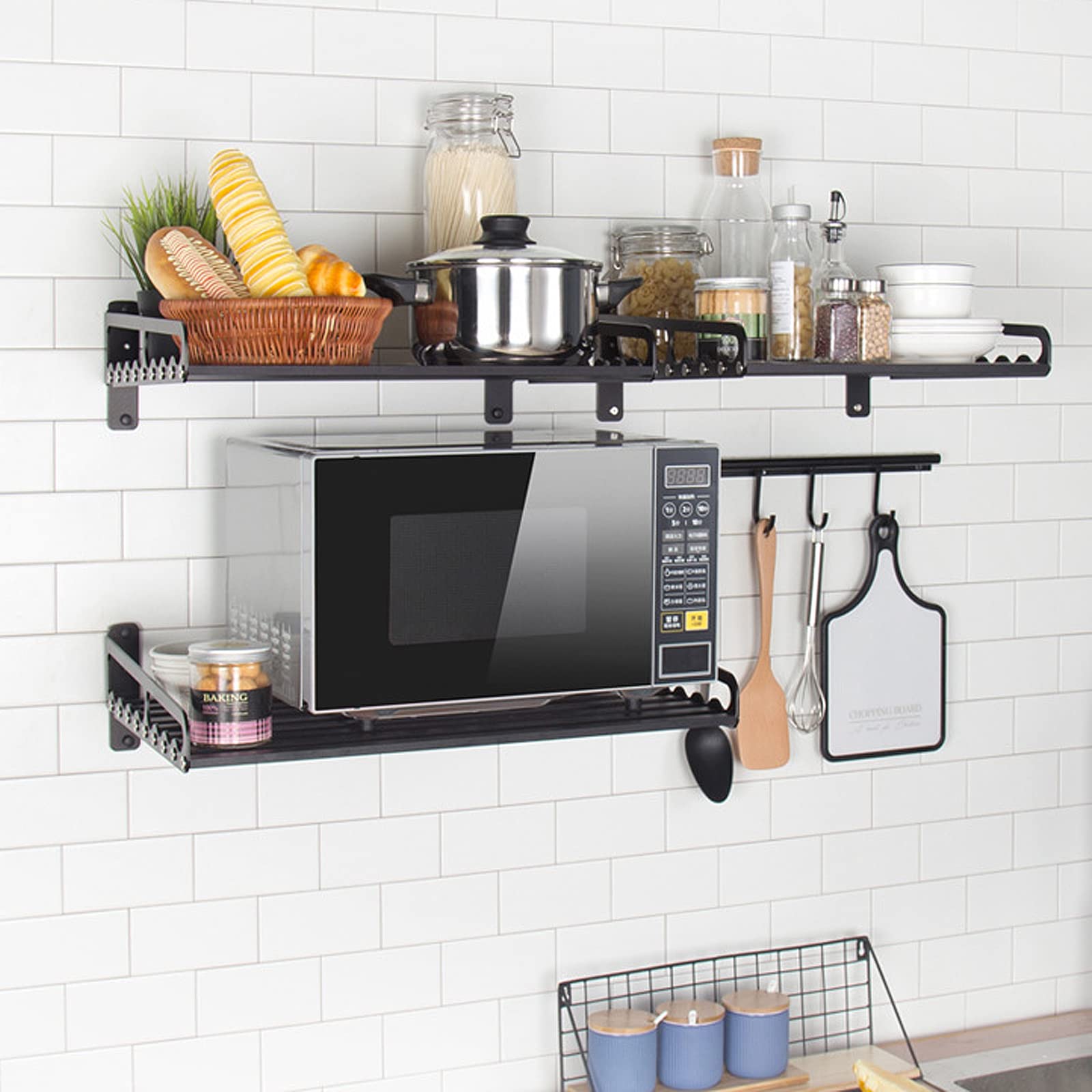 Goyappin Microwave Oven Rack, 23.58“x15.52“ Shelf for Microwave Wall Mount, Wall-Mounted Electric Oven Holder Shelf Kitchen Wall Pot Pan Rack Weight Bearing 80 lbs for Electric Oven Microwave