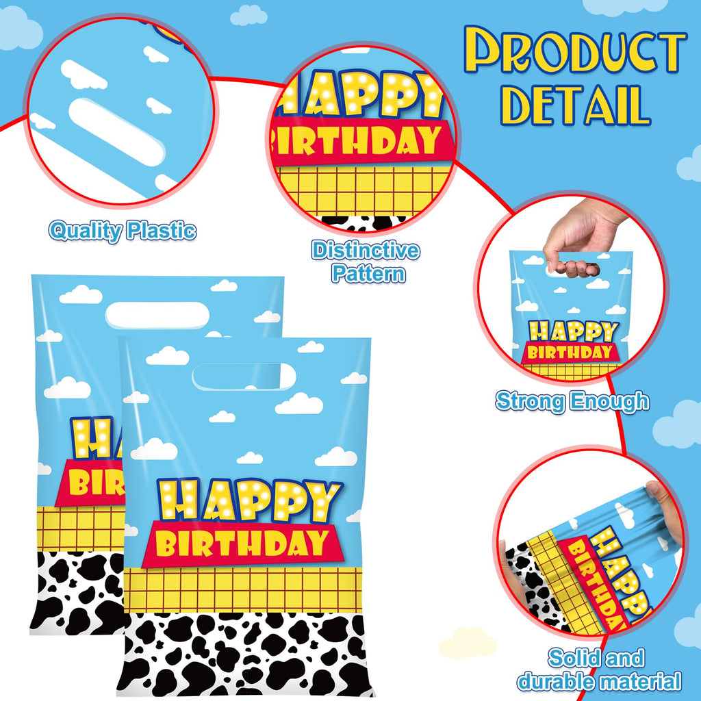 Ragnhild 50 Pcs Cartoon Story Birthday Party Favor Bags, Cow Pattern Goodie Treat Bags Party Supplies, Blue Sky White Cloud Plastic Candy Gift Bag with Handle for Kids Birthday Decorations