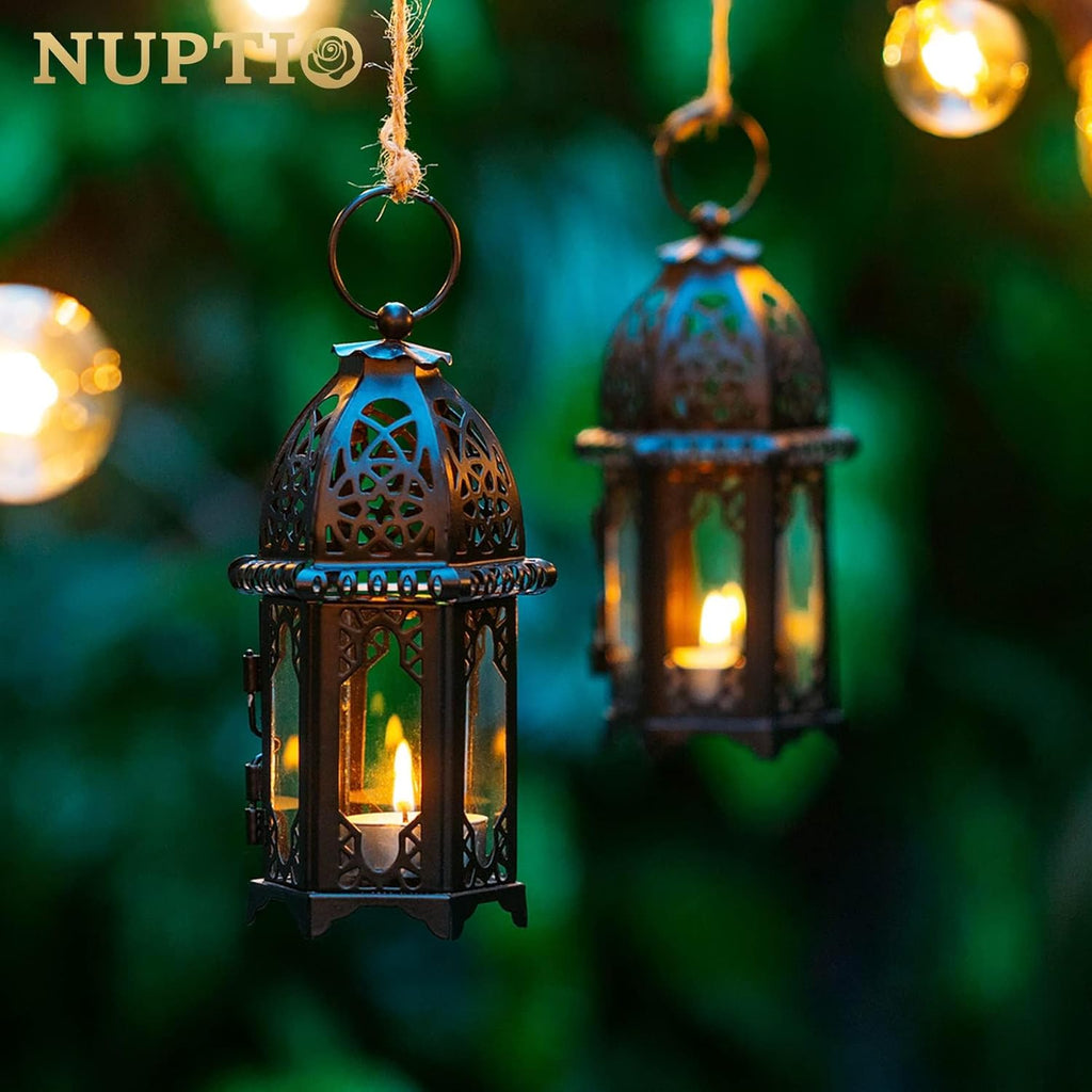 NUPTIO Moroccan Style Candle Lantern - Small Tealight Holder with Transparent Glass Panels | 2 Pcs, Black
