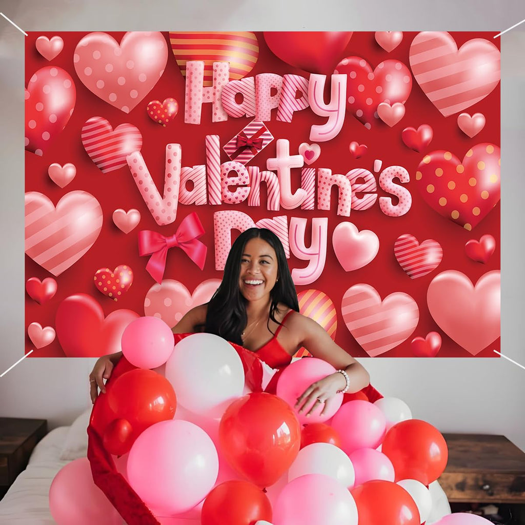 Happy Valentines Day Banner - XtraLarge Size 72x44 Inch - Valentines Day Backdrop Banner Decorations - Heart Valentines Banner for Valentines Day Decor - Valentines Day Party Decorations