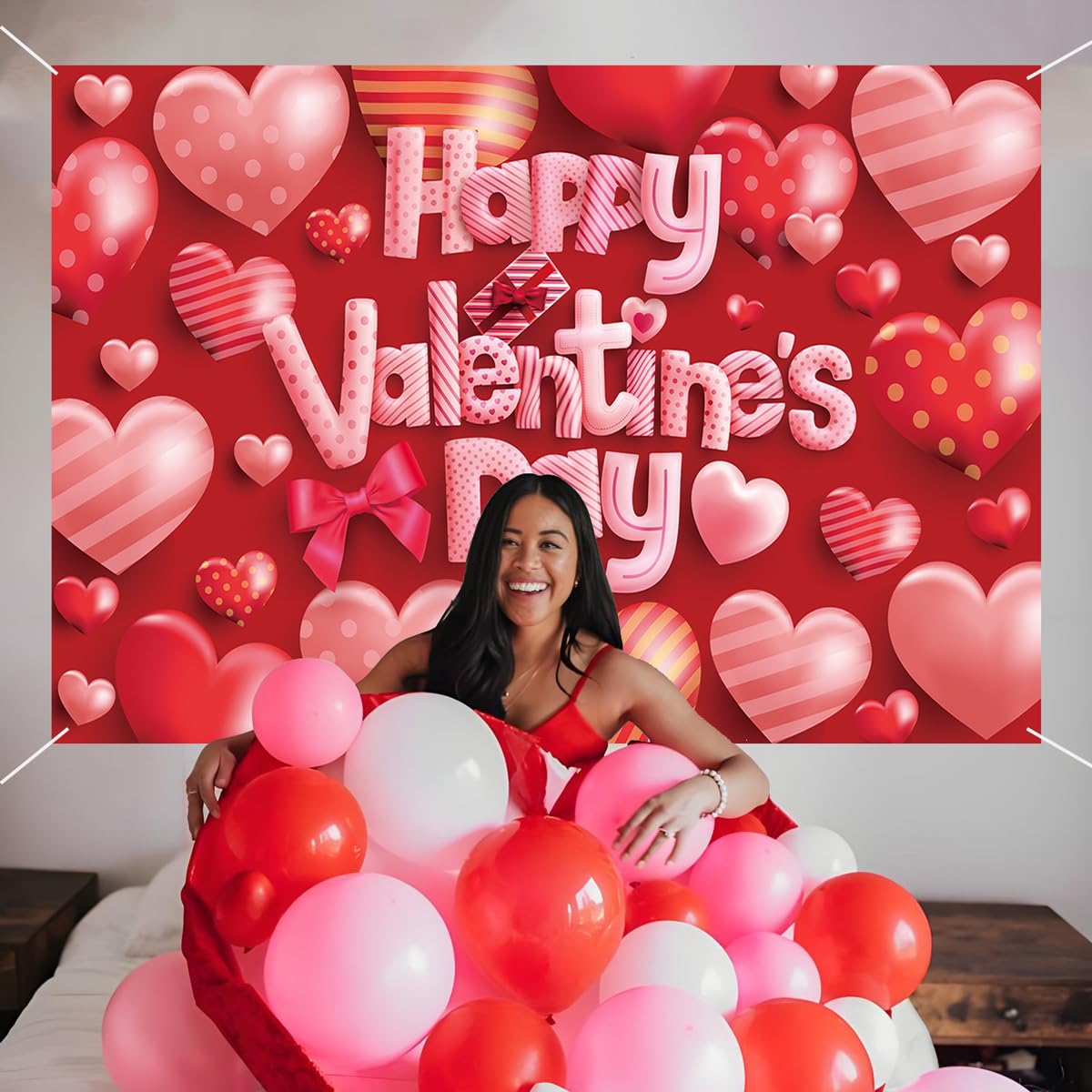 Happy Valentines Day Banner - XtraLarge Size 72x44 Inch - Valentines Day Backdrop Banner Decorations - Heart Valentines Banner for Valentines Day Decor - Valentines Day Party Decorations