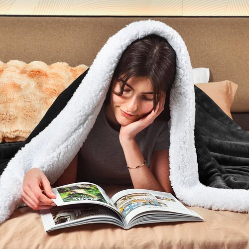 KAWAHOME Sherpa Fleece Blanket - Extra Warm 500GSM Plush Queen Size for Winter | 90" x 90" Dark Grey