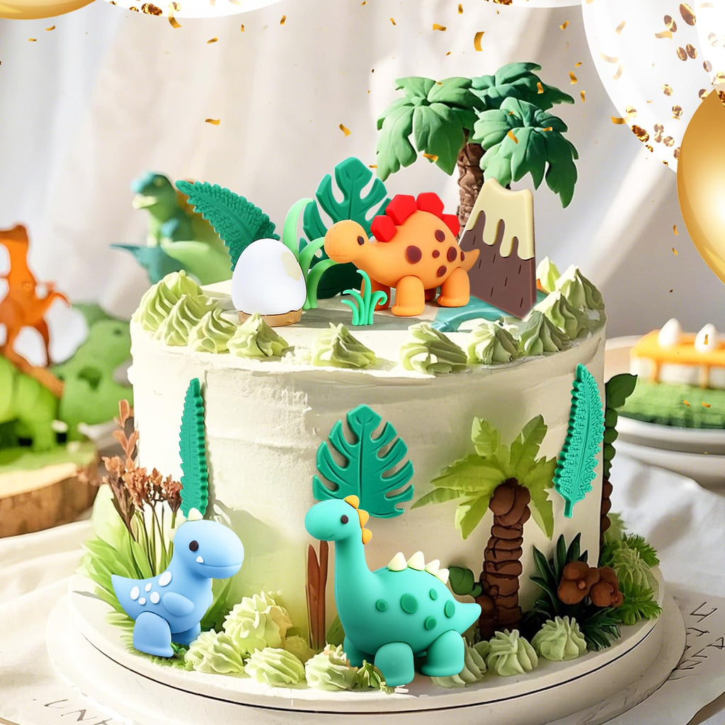 BlingABC 15PCS Cartoon Dinosaur Cake Toppers, Cute Dino Egg Leaves Grass Volcano Cake Decorations for Kids Birthday Baby Shower Dinosaur Animal Theme Party Supplies