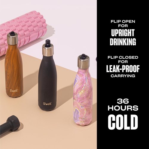 S'well Stainless Steel Water Bottle with Flip Straw Cap, 17oz, Onyx, Triple Layered Vacuum Insulated Containers Keeps Drinks Cold for 36 Hours and Hot for 10, BPA Free, Perfect for On the Go